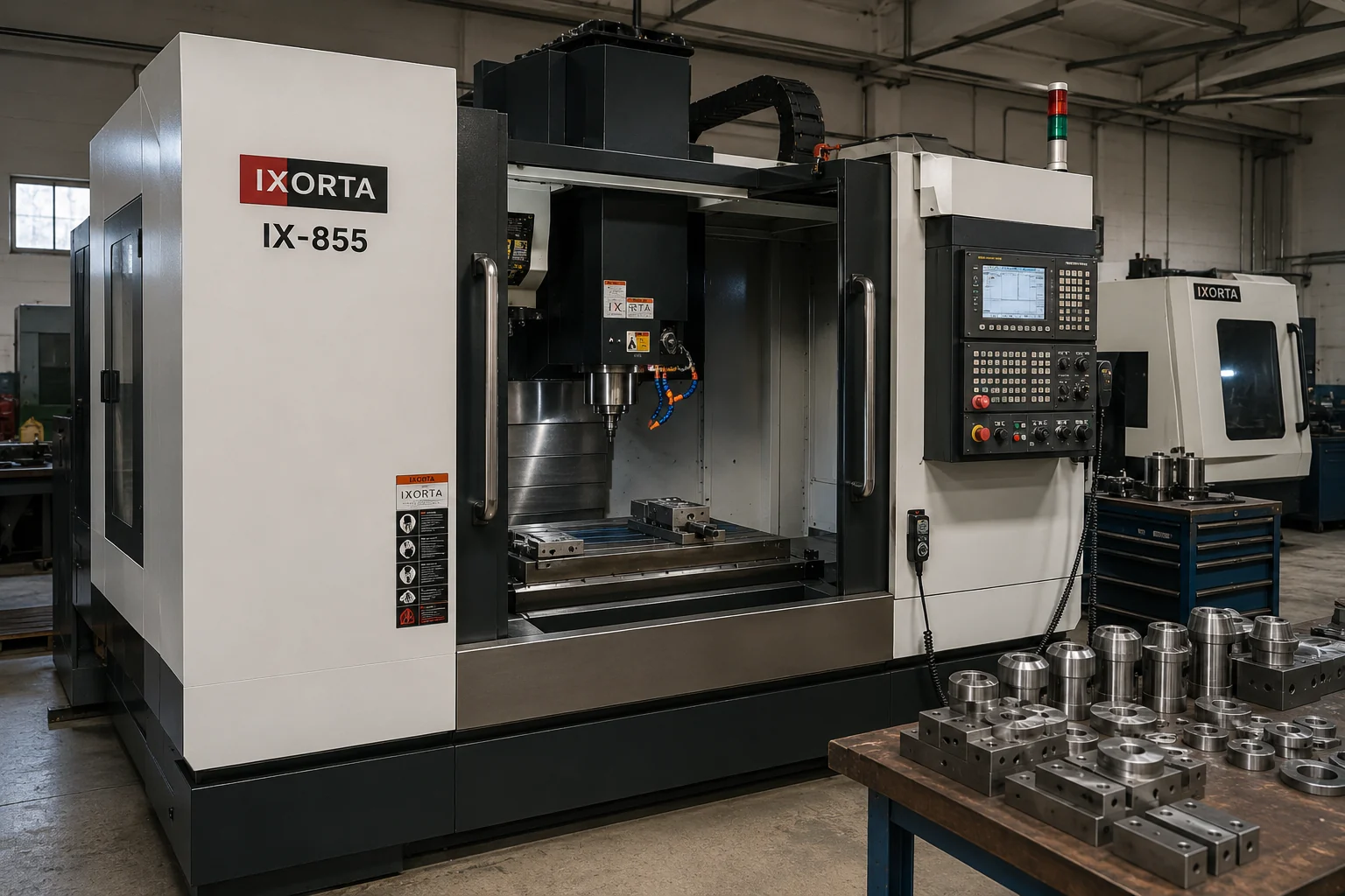 IXORTA CNC Machinery — realistic vertical machining center installed in an industrial factory