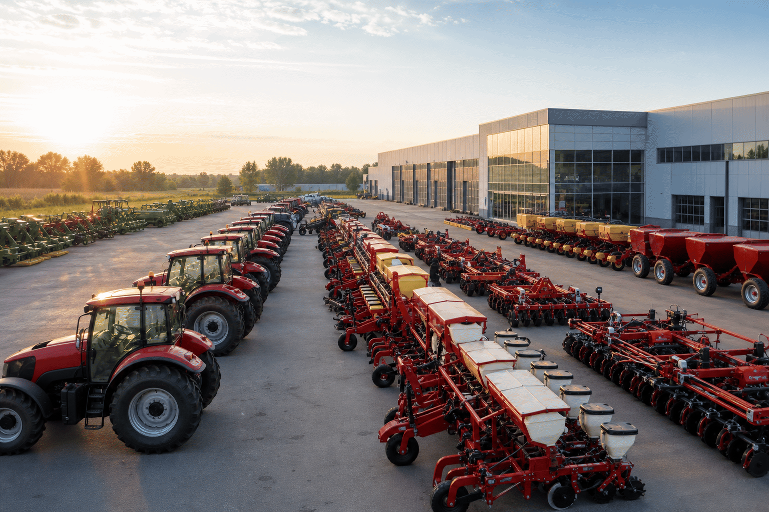 Agricultural tractors and implements arranged in an outdoor machinery yard