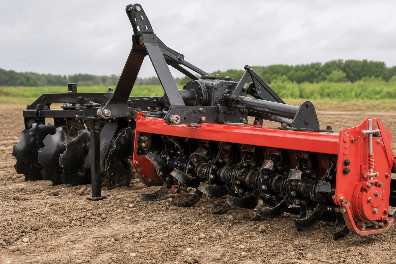 Close view of a tractor implement showing discs frame and hydraulic connections