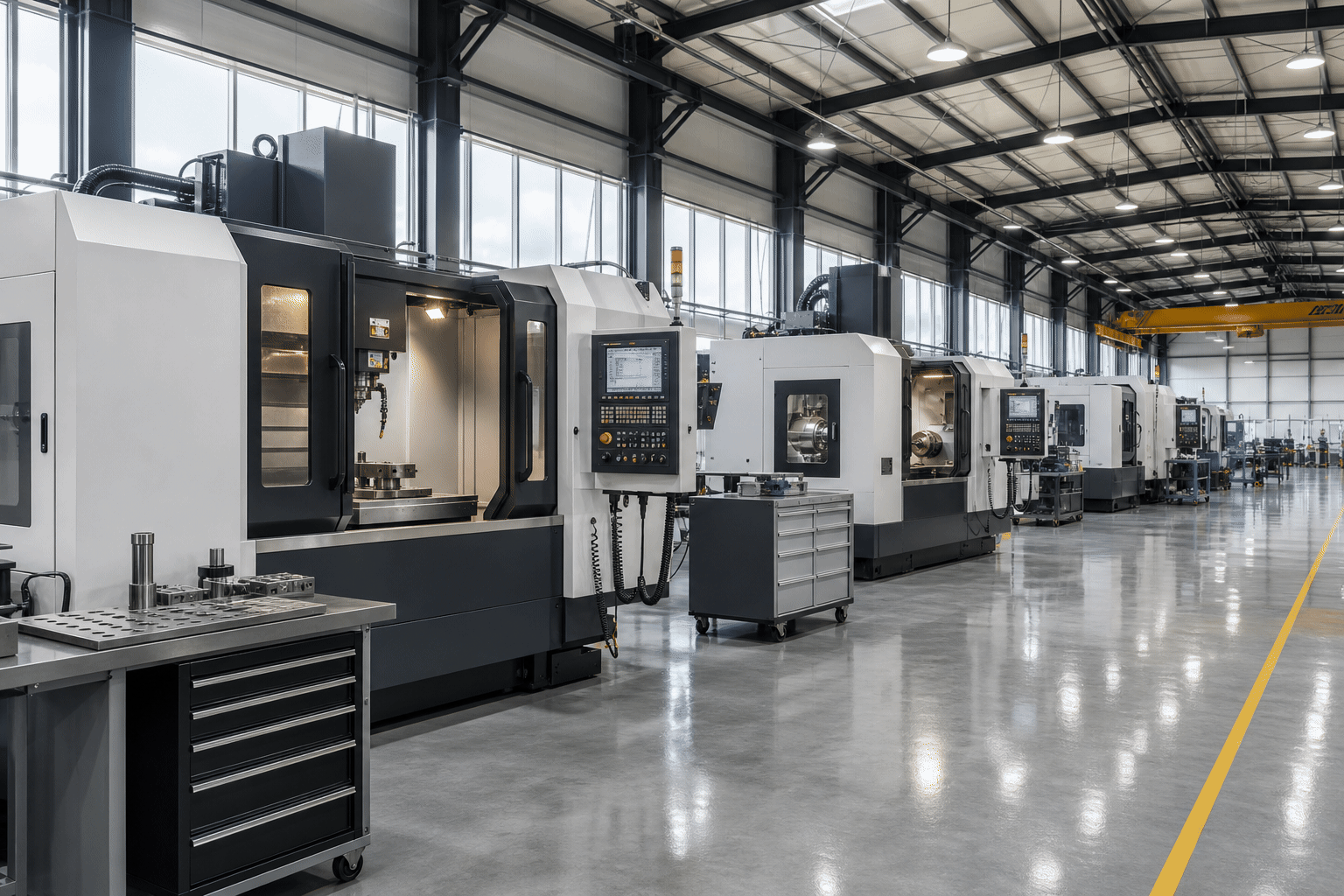 CNC production floor CNC machining centers arranged across a clean production floor