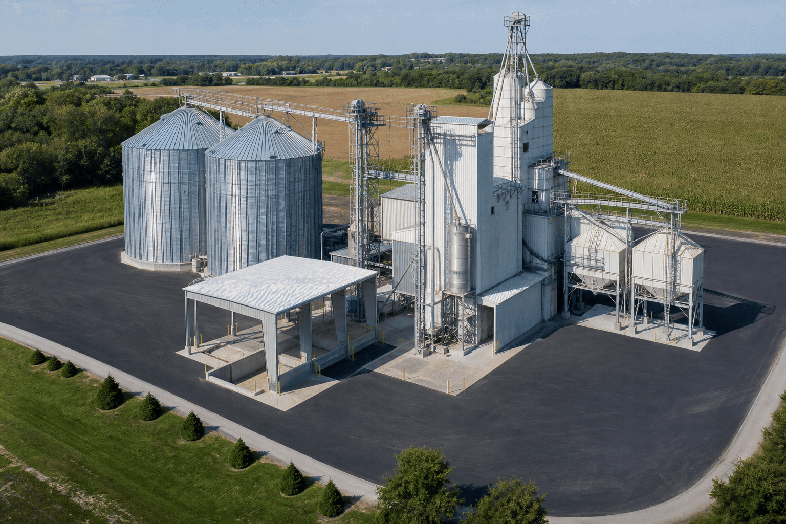 Feed mill and silo plant Aerial exterior view of a feed mill with silos and conveying equipment