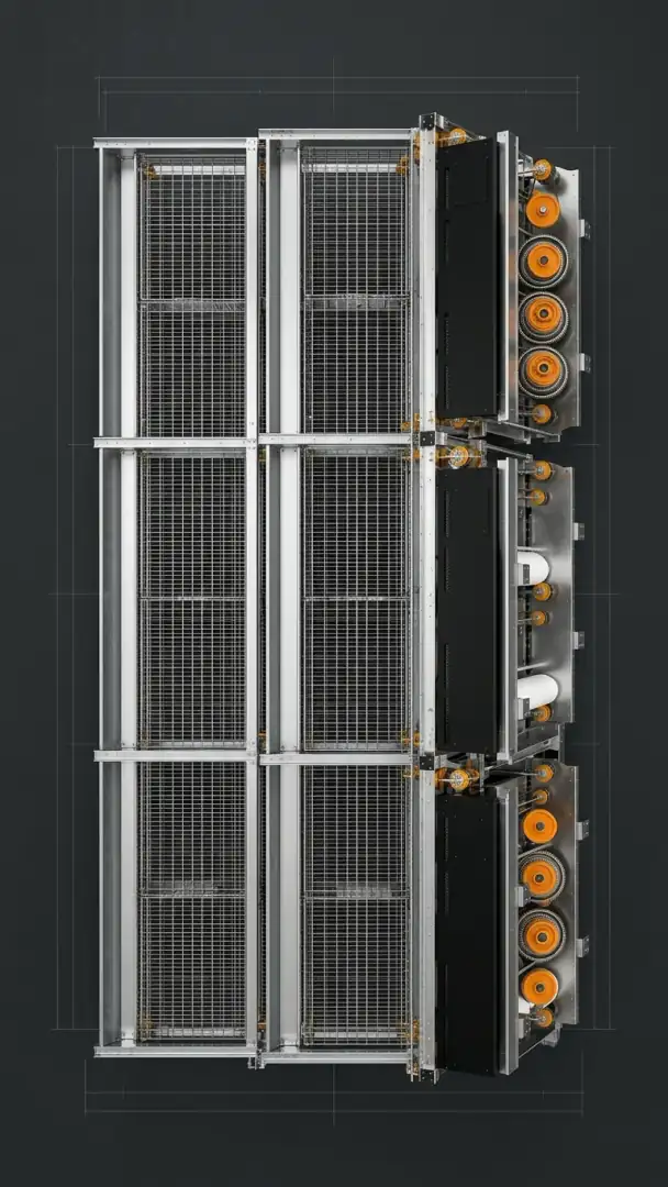 Technical front elevation of an automated multi tier IXORTA poultry cage system